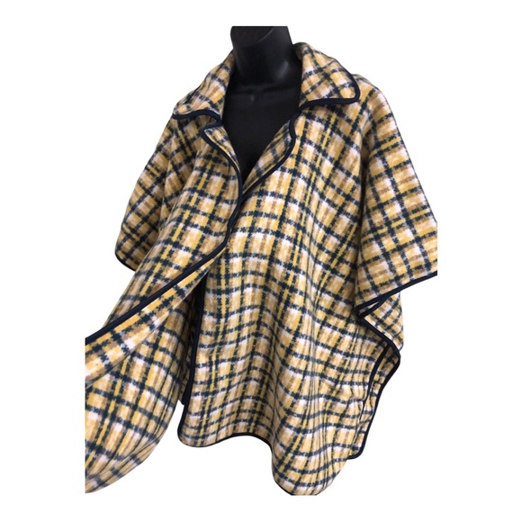 Andrew Marc New York yellow navy gingham tartan plaid poncho OS new - Picture 11 of 15